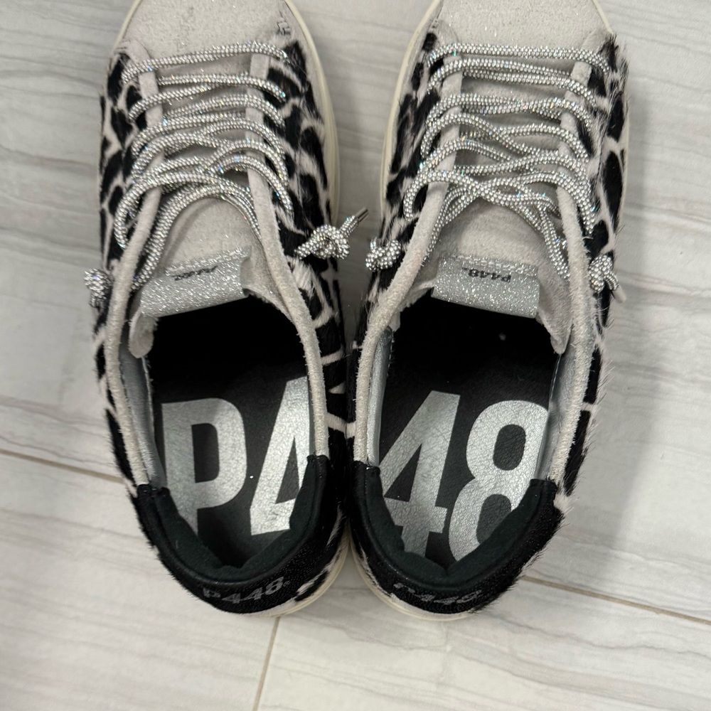 P448 Animal Print Fur Lined Tennis Shoes with Rhinestone Laces - Picture 10 of 13